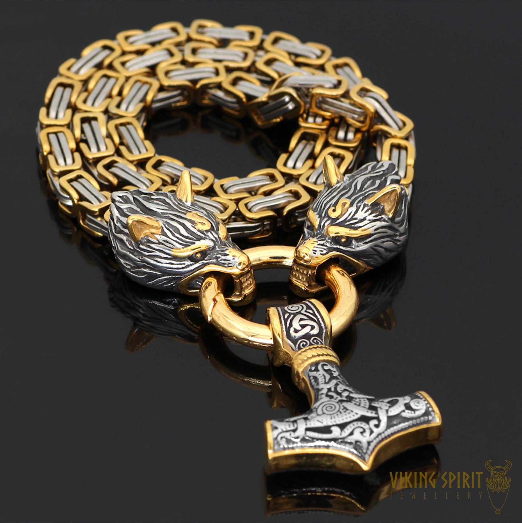 Thor's Hammer & The Two Wolves Necklace