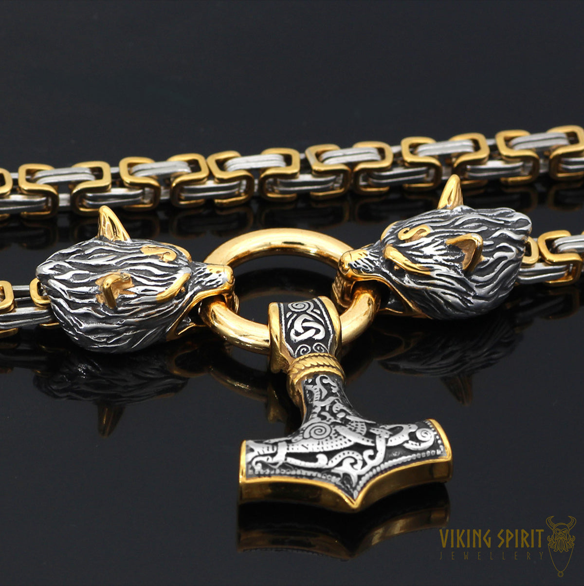 Thor's Hammer Necklace With Wolves - Northlord